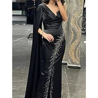 Sheath  Column Evening Gown Elegant Dress Formal Floor Length Black Dress Sleeveless One Shoulder Satin with Ruched Sequin Slit 2023 Lightinthebox - thumbnail