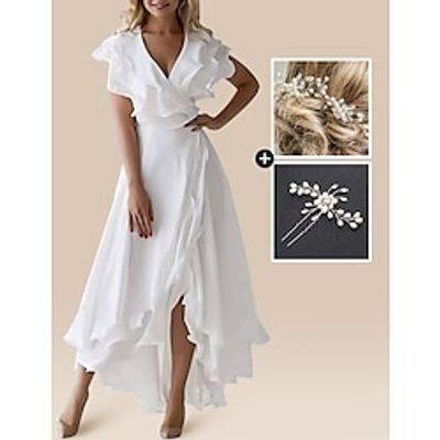 Beach Little White Dresses Wedding Dresses A-Line V Neck Short Sleeve Asymmetrical Chiffon Bridal Gowns With Solid Color 2023  1 Headpiece Lightinthebox