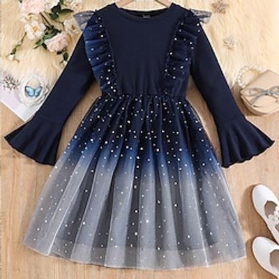 Kids Girls' Dress Solid Color Knee-length Dress School Crew Neck Long Sleeve Fashion Dress 7-13 Years Winter Navy Blue Lightinthebox
