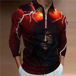 Men's Polo Shirt Golf Shirt Lightning Abstract Graphic Prints Turndown Green Red 3D Print Outdoor Street Long Sleeve Zipper Print Clothing Apparel Fashion Cool Designer Punk  Gothic Lightinthebox