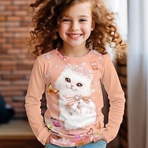 Girls' 3D Cat Tee Shirt Pink Long Sleeve 3D Print Spring Fall Active Fashion Cute Polyester Kids 3-12 Years Crew Neck Outdoor Casual Daily Regular Fit Lightinthebox