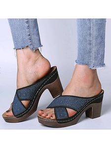 Retro cutout shoes chunky heel round toe high heel cross sandals