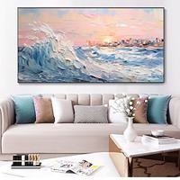 Dawn Waves Oil Painting hand painted Serene Town Blue Dynamic Wave Texture painting wall Art Panoramic Landscape Orange Pink Sunrise painting wall Decor Canvas 3D Artwork painting Lightinthebox