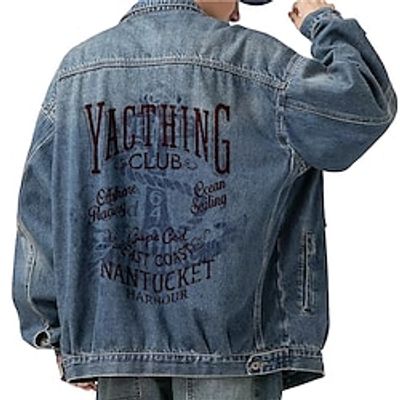 Letter Casual Men's Coat Denim Jacket Sports  Outdoor Going out Weekend Fall  Winter Turndown Long Sleeve Blue M L XL Denim Jacket Lightinthebox