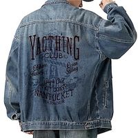 Letter Casual Men's Coat Denim Jacket Sports  Outdoor Going out Weekend Fall  Winter Turndown Long Sleeve Blue M L XL Denim Jacket Lightinthebox - thumbnail
