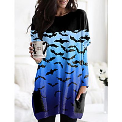 Women's Halloween Abstract Painting T shirt Color Block Animal Long Sleeve Pocket Print Round Neck Basic Halloween Tops Blue Purple Orange / 3D Print miniinthebox
