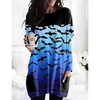 Women's Halloween Abstract Painting T shirt Color Block Animal Long Sleeve Pocket Print Round Neck Basic Halloween Tops Blue Purple Orange / 3D Print miniinthebox - thumbnail