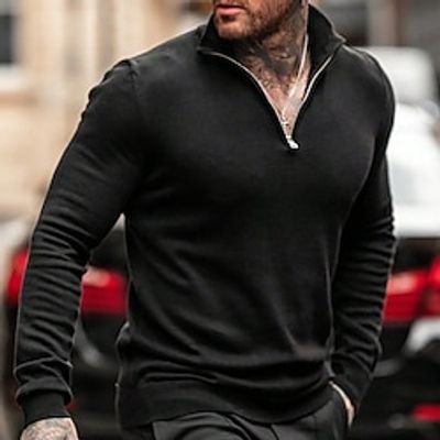 Men's Sweater Pullover Sweater Jumper Jumper Ribbed Knit Regular Knit Quarter Zip Plain Stand Collar Modern Contemporary Work Daily Wear Clothing Apparel Winter Black White S M L Lightinthebox