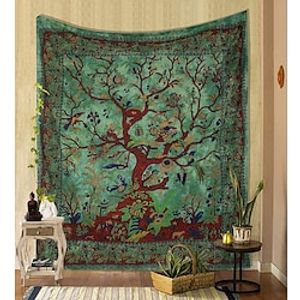 Tapestry Green Tree of Life Wall Hanging Psychedelic Tapestries Indian Cotton Twin Bedspread Picnic Sheet Wall Decor Blanket Wall Art Hippie Bedroom Livingroom Lightinthebox