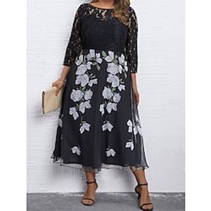 Women's Plus Size Curve Casual Dress Lace Dress Work Dress Floral Midi Dress 34 Length Sleeve Lace Patchwork Crew Neck Fashion Outdoor Black Fall Winter L XL XXL 3XL 4XL Lightinthebox