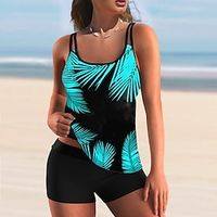 Women's Swimwear Tankini 2 Piece Normal Swimsuit 2 Piece Printing Leaf Yellow Blue Green Tank Top Bathing Suits Sports Beach Wear Summer Lightinthebox - thumbnail