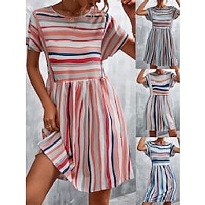 Women's Casual Dress Shift Dress Summer Dress Stripe Print Crew Neck Mini Dress Active Fashion Outdoor Daily Short Sleeve Loose Fit Pink Blue Orange Summer Spring S M L XL Lightinthebox