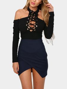Black Lace-up Cold Shoulder Body-con Bodysuit