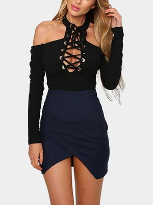 Black Lace-up Cold Shoulder Body-con Bodysuit