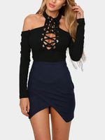 Black Lace-up Cold Shoulder Body-con Bodysuit - thumbnail