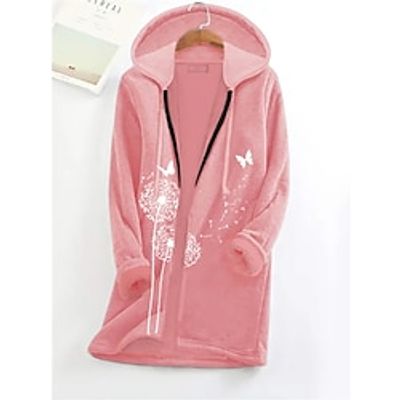 Women's Fleece Jacket Fleece Fuzzy Teddy Zip Up Print Black Pink Wine Butterfly Dandelion Casual Sports Hoodie Long Sleeve Top Micro-elastic Fall  Winter Lightinthebox