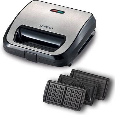 Kenwood 3-in-1 Sandwich Maker, Waffle Maker & Grill with 3 Sets of Non Stick Multifunctional Plates for Grilling, SMM02.000SI Silver/Black