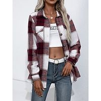 Women's Shirt Jacket Causal Print Plaid Breathable Fashion Regular Fit Outerwear Long Sleeve Fall Black And White Lightinthebox - thumbnail