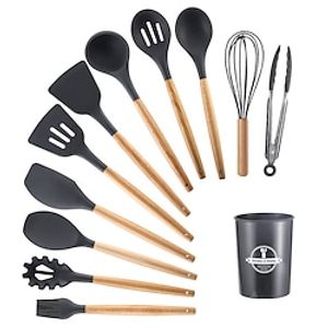Kitchen Utensils Set of 12 Wooden Handle Silicone Kitchenware Non-stick Cooking Spoon Frying Colander miniinthebox