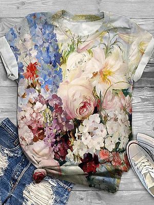 Round Neck Casual Loose Floral Print Short Sleeve T-Shirt