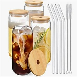 Drinking Glasses with Bamboo Lids and Glass Straw 4pcs Set - 16oz Can Shaped Glass Cups, Beer Glasses, Iced Coffee Glasses, Cute Tumbler Cup, Ideal for Cocktail, Whiskey miniinthebox