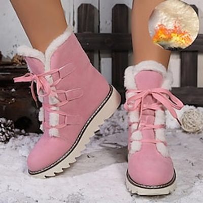 Women's Boots Snow Boots Plus Size Daily Solid Color Fleece Lined Booties Ankle Boots Winter Flat Heel Round Toe Plush Casual Comfort Faux Suede Lace-up Black Pink Brown Lightinthebox