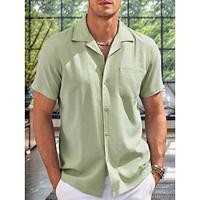 Men's Shirt Linen Shirt Summer Shirt Beach Shirt Cuban Collar Shirt Blue Green Short Sleeve Solid Color Camp Collar Summer Spring Casual Daily Clothing Apparel Lightinthebox