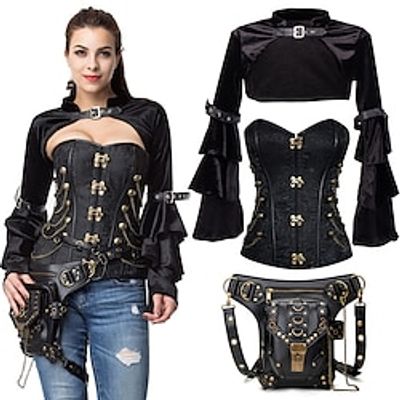 Steampunk Outfits 4 PCS Corset with Matching Thong Waist Bag Cape Set Punk Gothic Overbust Corset Women's Party Cosplay Costume miniinthebox Steampunk Outfits 4 PCS Corset with Matching Thong Waist Bag Cape Set Punk Gothic Overbust Corset Women's Party Cosplay Costume miniinthebox