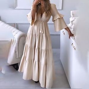 Women's Casual Dress Swing Dress Long Dress Maxi Dress Beige Long Sleeve Pure Color Ruched Winter Fall Autumn V Neck Modern Winter Dress Fall Dress Loose Fit 2023 S M L XL miniinthebox