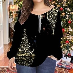 Women's Plus Size Christmas Tops Blouse Shirt Letter Tree Zipper Print Long Sleeve V Neck Casual Holiday Daily Polyester Winter Fall Black Blue Lightinthebox