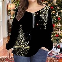 Women's Plus Size Christmas Tops Blouse Shirt Letter Tree Zipper Print Long Sleeve V Neck Casual Holiday Daily Polyester Winter Fall Black Blue Lightinthebox - thumbnail