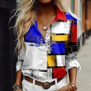 Women's Shirt Blouse Yellow Blue Orange Plaid Button Print Long Sleeve Casual Fashion Shirt Collar Regular Fit Spring   Fall Lightinthebox