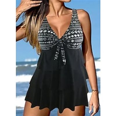 Women's Swimwear Tankini 2 Piece Plus Size Swimsuit Open Back Geometric Black Camisole V Wire Bathing Suits New Vacation Fashion Modern Lightinthebox Women's Swimwear Tankini 2 Piece Plus Size Swimsuit Open Back Geometric Black Camisole V Wire Bathing Suits New Vacation Fashion Modern Lightinthebox
