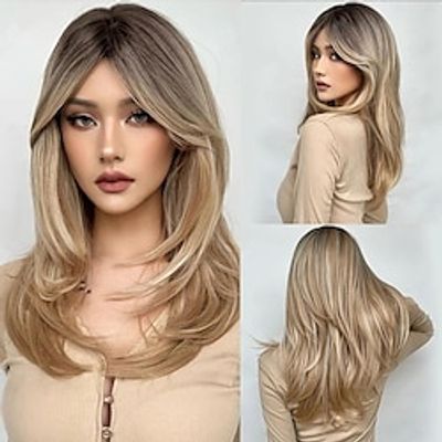 Long Straight Brown Ombre Blonde Wigs With Bangs For Women, Heat Resistant Fibre For Daily Party Use miniinthebox