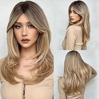 Long Straight Brown Ombre Blonde Wigs With Bangs For Women, Heat Resistant Fibre For Daily Party Use miniinthebox - thumbnail