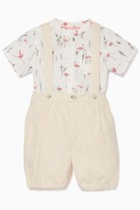 Flamingo-Print Dungaree Short Set