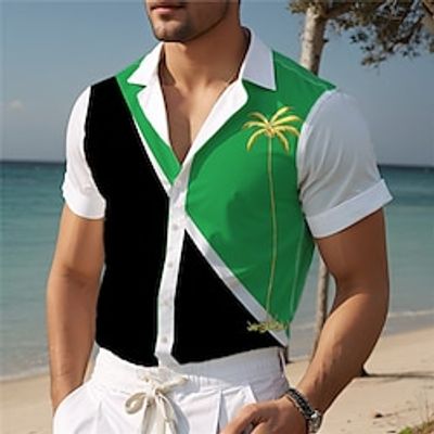 Color Block Palm Tree Casual Men's Shirt Outdoor Street Casual Daily Summer Cuban Collar Short Sleeve Orange Green Hunter Green S M L Shirt Lightinthebox