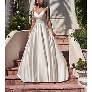A-Line Wedding Dresses V Neck Spaghetti Strap Sweep / Brush Train Satin Sleeveless Simple Vintage with Pleats 2021 miniinthebox