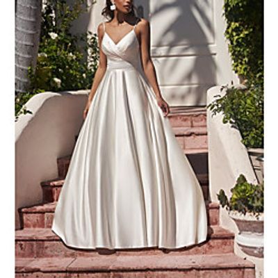 A-Line Wedding Dresses V Neck Spaghetti Strap Sweep / Brush Train Satin Sleeveless Simple Vintage with Pleats 2021 miniinthebox
