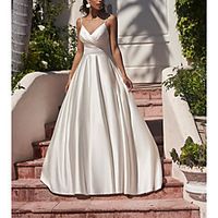 A-Line Wedding Dresses V Neck Spaghetti Strap Sweep / Brush Train Satin Sleeveless Simple Vintage with Pleats 2021 miniinthebox - thumbnail