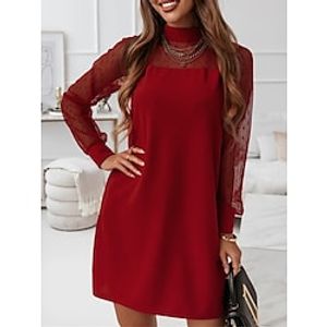 Women's Casual Dress Shift Dress Mini Dress Black Cream Red Long Sleeve Pure Color Mesh Winter Fall Spring Stand Collar Classic Daily 2022 S M L XL XXL Lightinthebox