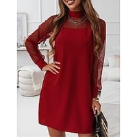 Women's Casual Dress Shift Dress Mini Dress Black Cream Red Long Sleeve Pure Color Mesh Winter Fall Spring Stand Collar Classic Daily 2022 S M L XL XXL Lightinthebox - thumbnail