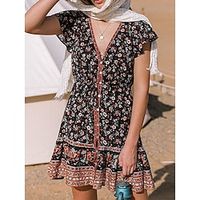 Women's Casual Dress A Line Dress Floral Button Print V Neck Mini Dress Bohemia Ethnic Holiday Vacation Short Sleeve Regular Fit Black Summer S M L XL 2XL Lightinthebox