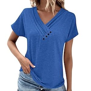 Women's T shirt Tee Plain Black White Pink Button Short Sleeve Casual Fashion V Neck Regular Fit Summer Lightinthebox