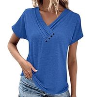 Women's T shirt Tee Plain Black White Pink Button Short Sleeve Casual Fashion V Neck Regular Fit Summer Lightinthebox - thumbnail