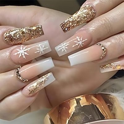 Christmas Press on Nails Long Artificial Fake Nails with Snowflake Rhinestones Design Full Cover Gold Sequins Coffin False Nails Gradient Nude Square Acrylic Nails, Glue on Nails for Women 24Pcs Lightinthebox