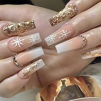 Christmas Press on Nails Long Artificial Fake Nails with Snowflake Rhinestones Design Full Cover Gold Sequins Coffin False Nails Gradient Nude Square Acrylic Nails, Glue on Nails for Women 24Pcs Lightinthebox - thumbnail