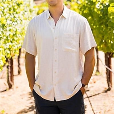 Men's Shirt Linen Shirt Summer Shirt Beach Shirt White Short Sleeve Plain Lapel Summer Casual Daily Clothing Apparel Front Pocket miniinthebox