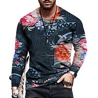 Men's Tee T shirt Shirt 3D Print Floral Graphic Plus Size Print Long Sleeve Casual Tops Basic Designer Slim Fit Big and Tall Blue Royal Blue Navy Blue miniinthebox - thumbnail
