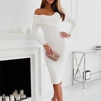 Women's Sweater Dress Sheath Dress Green Red White Long Sleeve Pure Color Knit Winter Fall One Shoulder Stylish Modern Fall Dress 2022 S M L XL 2XL / Cotton / Winter Dress / White Dress miniinthebox - thumbnail